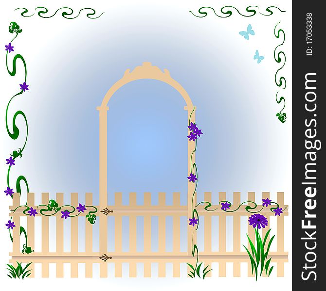 Garden gate with arch and morning glories soft illustration