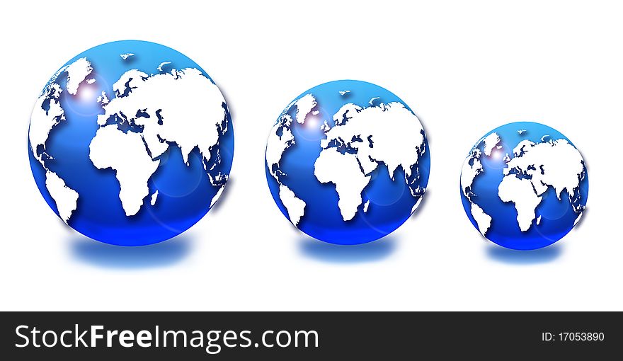 Three 3D blue globes on white background