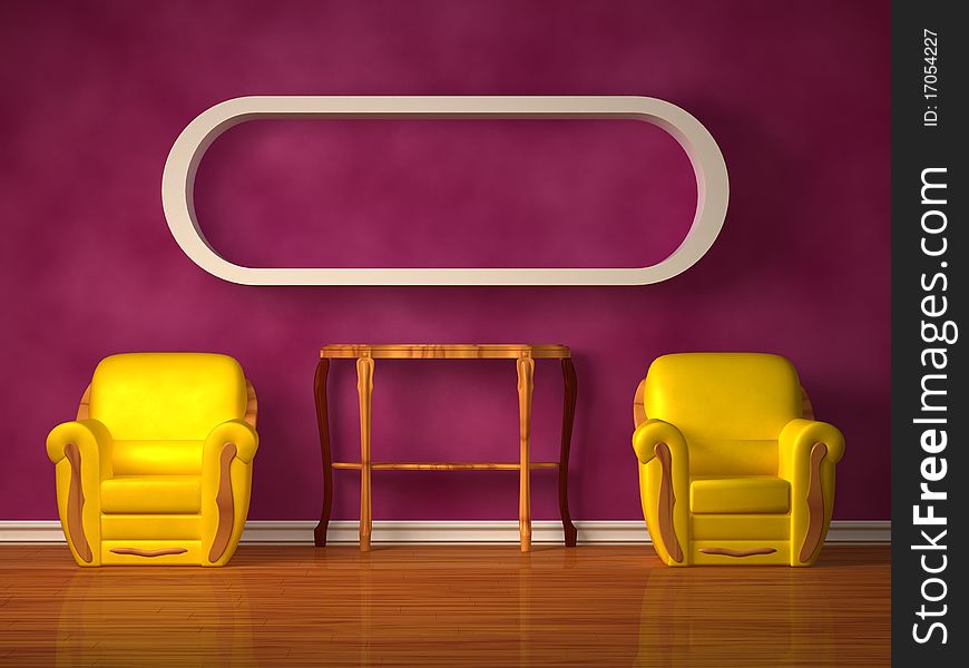 Two chairs with wooden console and bookshef in purple interior. Two chairs with wooden console and bookshef in purple interior