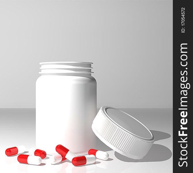 Red and white capsules in front of jar. Red and white capsules in front of jar