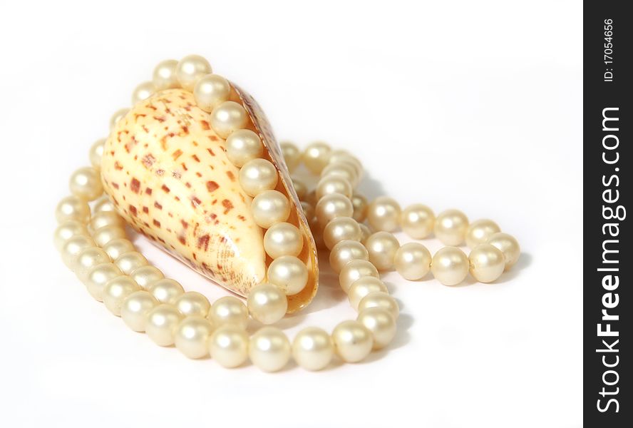 Studio photo of white pearls on shell, reflected