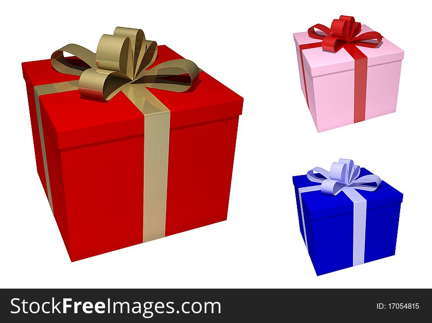 3 different colored giftboxes with ribbons