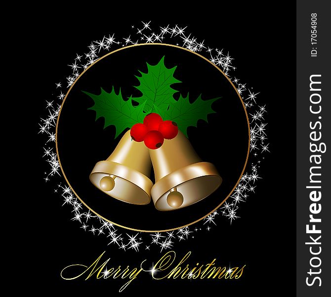 Christmas bells with holly berries on black background. Vector eps10 illustration