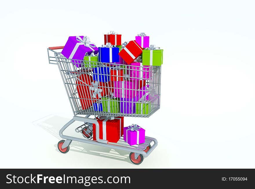 Shopping kart filled with different colored giftboxes. Shopping kart filled with different colored giftboxes