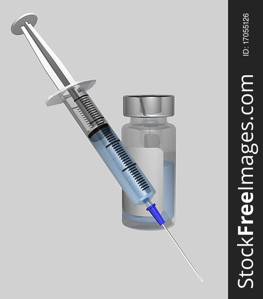 Syringe and jar on grey background for easy cut