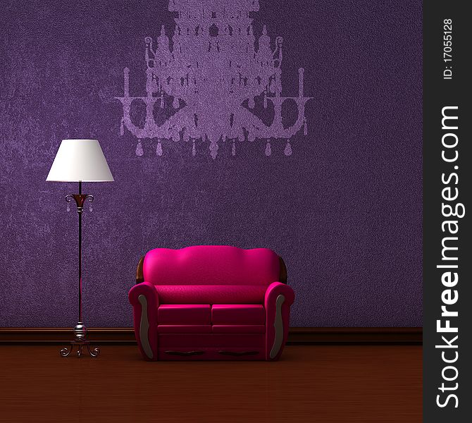 Pink couch and lamp with silhouette of chandelier