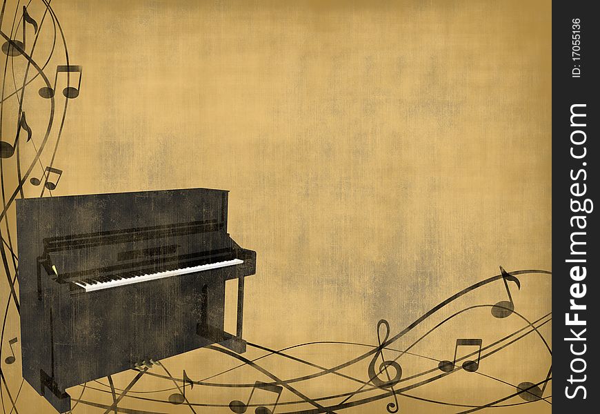 Piano and music notes on a worn background. Piano and music notes on a worn background