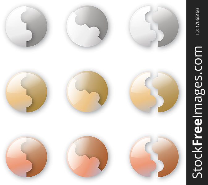 Silver, gold and bronze button-like puzzles on the white background.