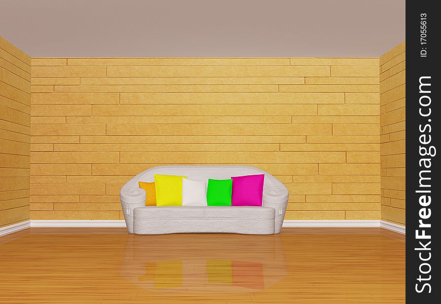 Mosaic room interior with white couch with colored cushion