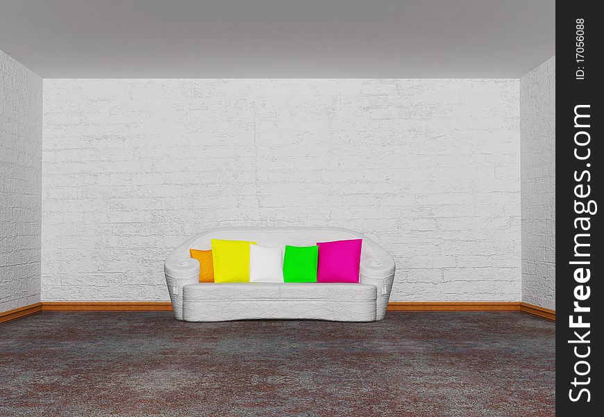 Minimalist living room with white couch with colored cushion