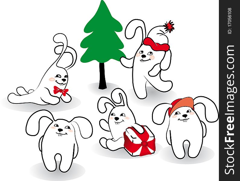 New Year rabbits and Christmas tree, isolated, hand drawn