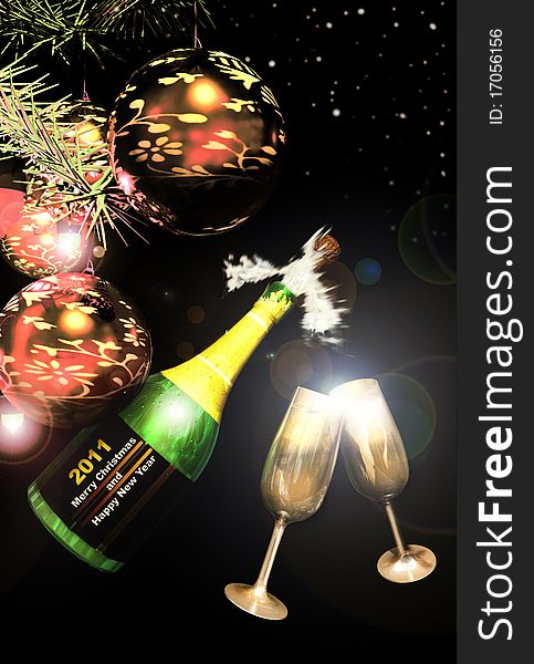 Champagne flute glasses, a bottle of champagne in the pop-up moment, and some christmas baubles as the snow is falling in the background. In the bottle label, we can read 2011 Merry Christmas and Happy New Year. Champagne flute glasses, a bottle of champagne in the pop-up moment, and some christmas baubles as the snow is falling in the background. In the bottle label, we can read 2011 Merry Christmas and Happy New Year