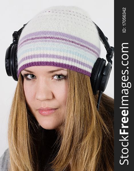 Attractive disc jockey girl wearing stereo headset. Attractive disc jockey girl wearing stereo headset