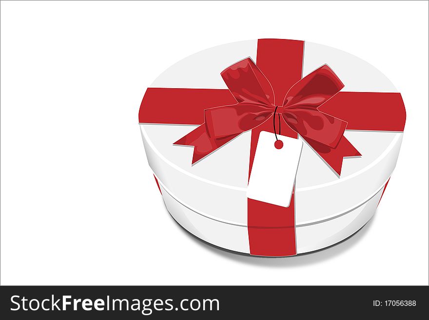 A white gift Box with red bow and a small white invited card