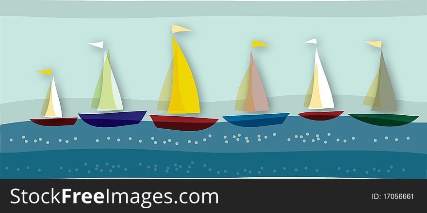 Vector image of 6 boats traveling into the sea