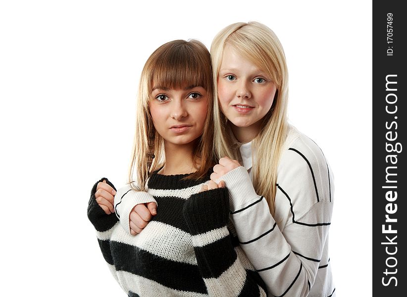 Portrait Two Girls Of The Blonde And Brunettes