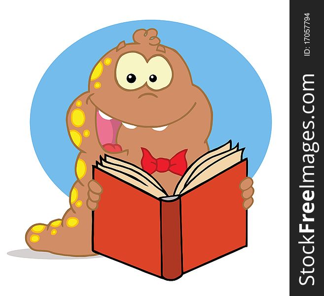 Energetic brown and yellow spotted worm reading a book. Energetic brown and yellow spotted worm reading a book