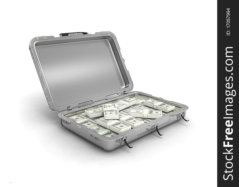 Grey case with money isolated on white background. 3d render