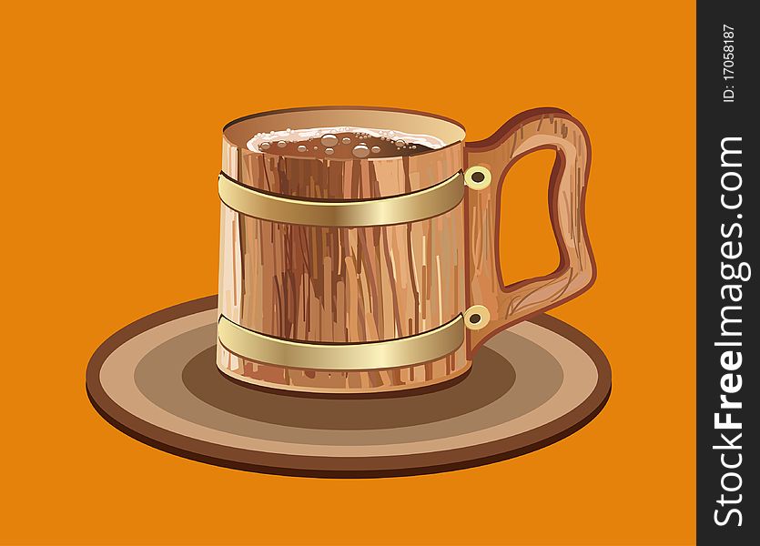 Woody mug of beer. Vector illustration on a orange background