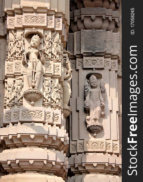 Carved designs on stone pillar in a Temple in kannauj, Uttar pradesh, India, Asia