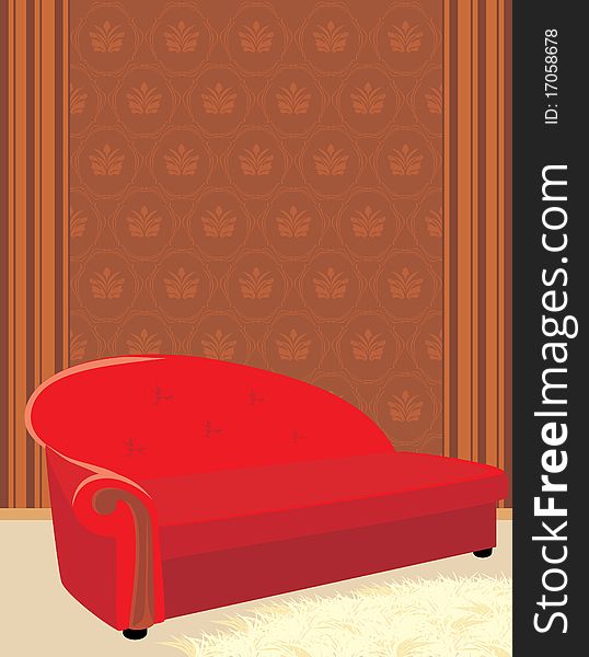 Red sofa and shaggy carpet. Illustration