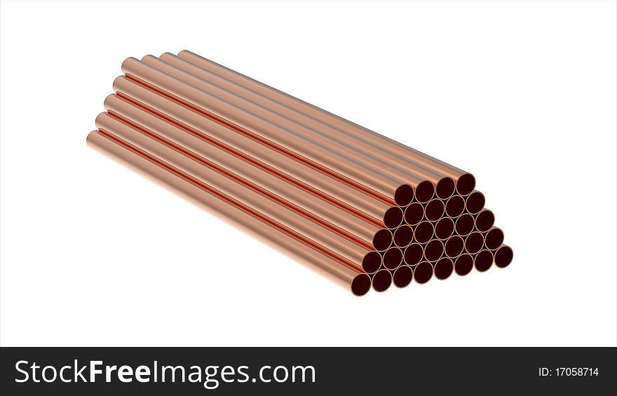 Stack of copper tubes isolated on white 3d render. Stack of copper tubes isolated on white 3d render