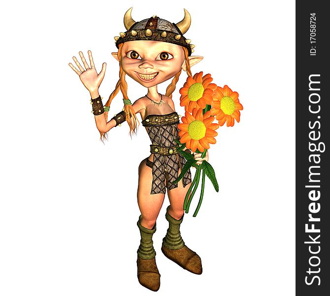3d rendering Vikings of a girl with flowers in the hand as illustration. 3d rendering Vikings of a girl with flowers in the hand as illustration