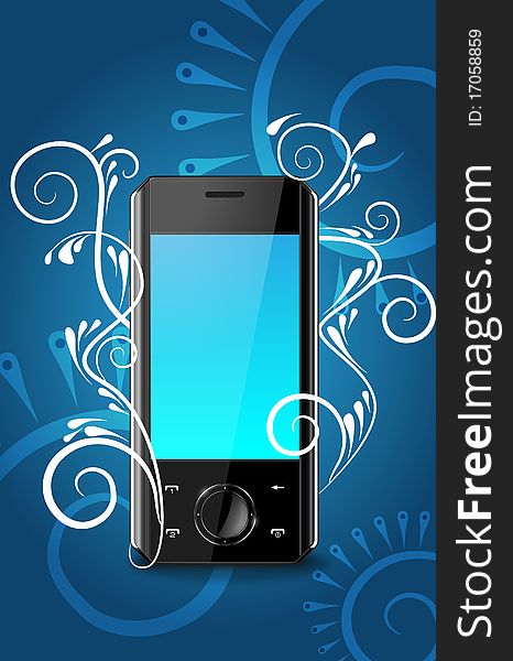 Vector mobile phone on a blue abstract background. Vector mobile phone on a blue abstract background