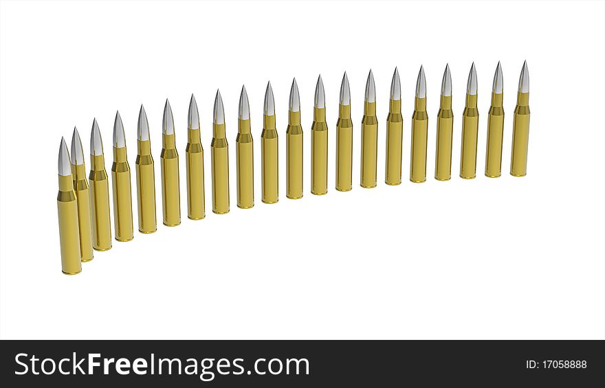 Bullets in a line isolated on white background 3d render