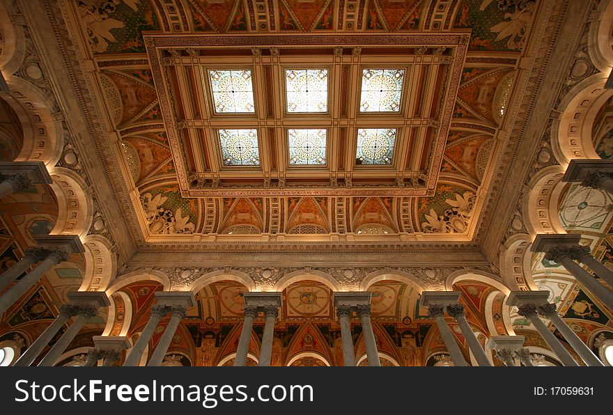 Interior ceiling of the Library of Congress taken with a wide-angle lens. Interior ceiling of the Library of Congress taken with a wide-angle lens