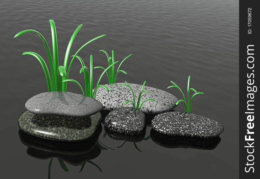 Spa stones with grass on black reflective background.