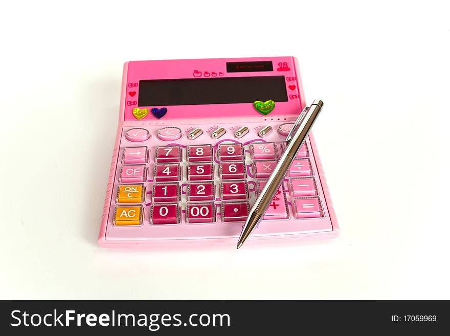 Pink calculator and pen on white background. Pink calculator and pen on white background