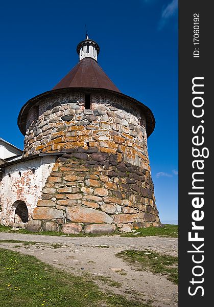 Tower of Solovetsky Orthodox monastery on Solovki islands, White Sea, Northern Russia.