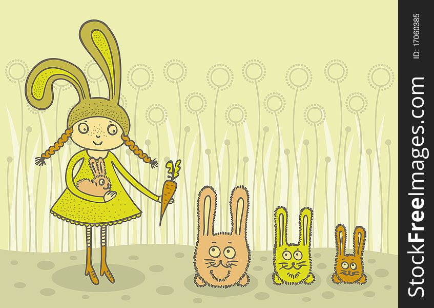 Cute girl in rabbit costume feeding lovely bunnies with carrot. Hand drawn illustration. Cute girl in rabbit costume feeding lovely bunnies with carrot. Hand drawn illustration.