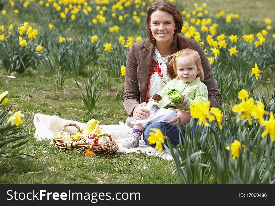 Mother And Daughter In Daffodil Field