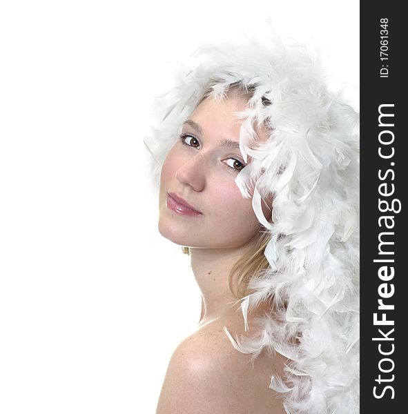 Girl with white feathers white background