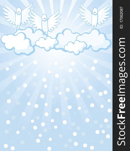 Background of blue color. Angels in heavens looks at falling snow. Background of blue color. Angels in heavens looks at falling snow.