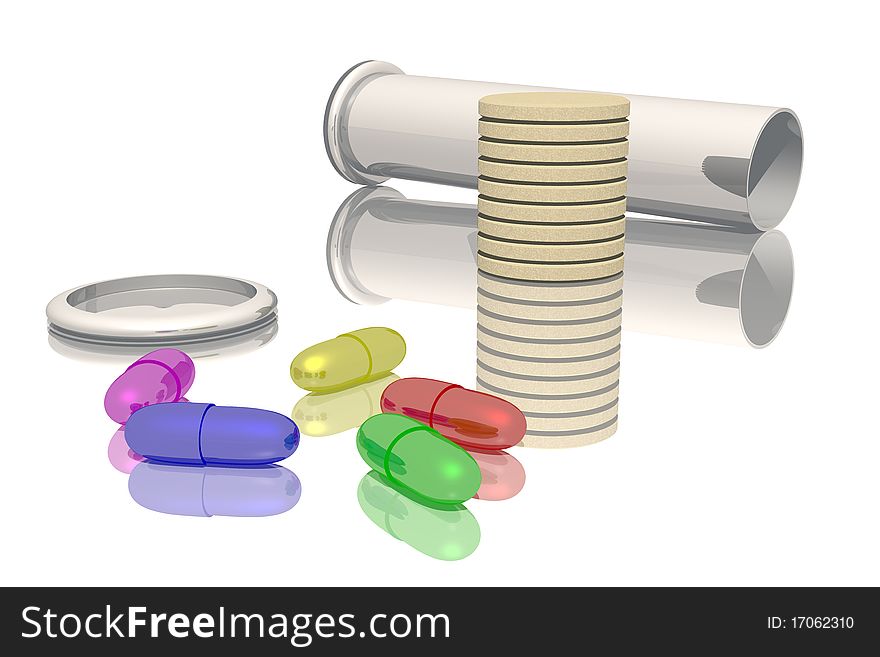 Image shows Vial and colored tablets and pills on the white table