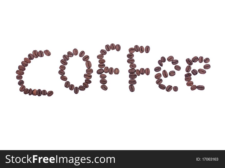 The word 'coffee' spelt out in coffee beans on a white background. The word 'coffee' spelt out in coffee beans on a white background
