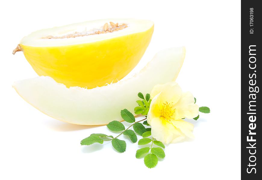 Yellow melon with flower of Dog Rose, isolated on white background