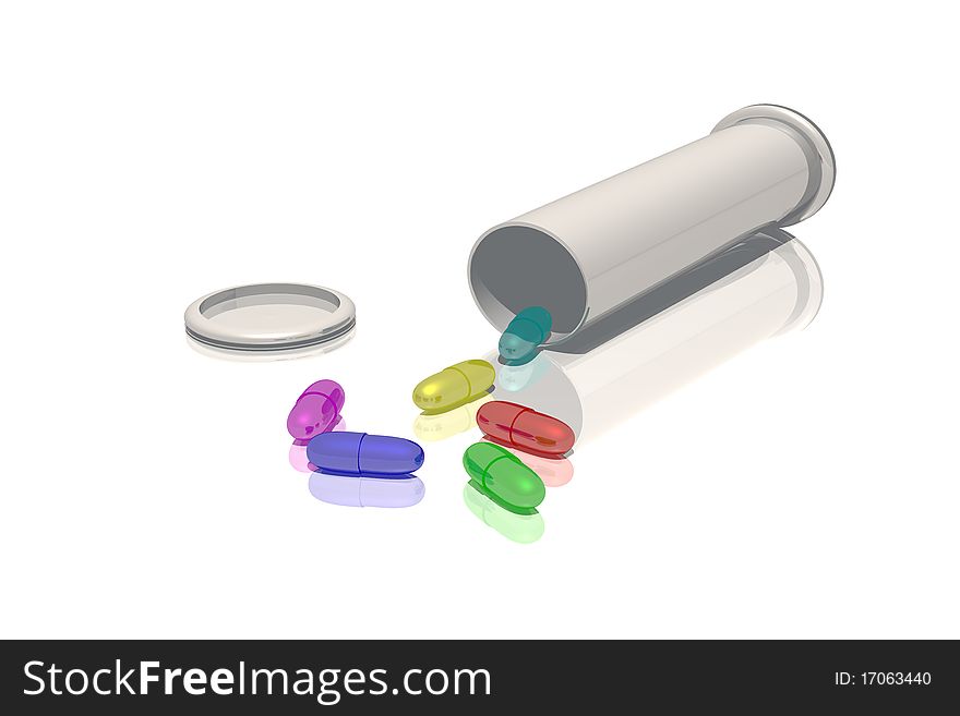 Image shows Vial and colored pills on the white table