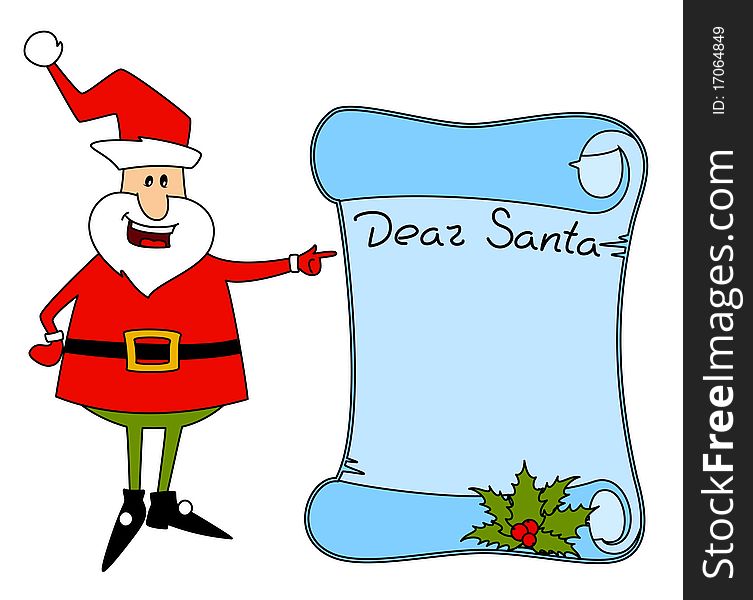 Happy Santa Claus and letter over white.