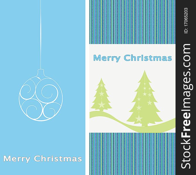 Blue new year card with christmas ball and tree