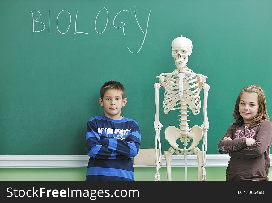 Happy children group in school classrom taking notes and learning biology and anatomy lessons with teacher. Happy children group in school classrom taking notes and learning biology and anatomy lessons with teacher