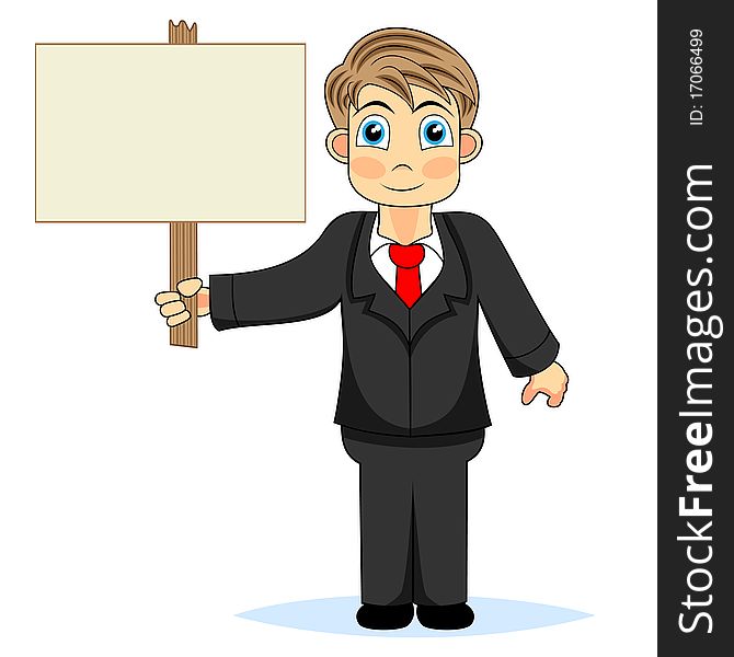 Cute Boy Businessman Holding Wood Sign