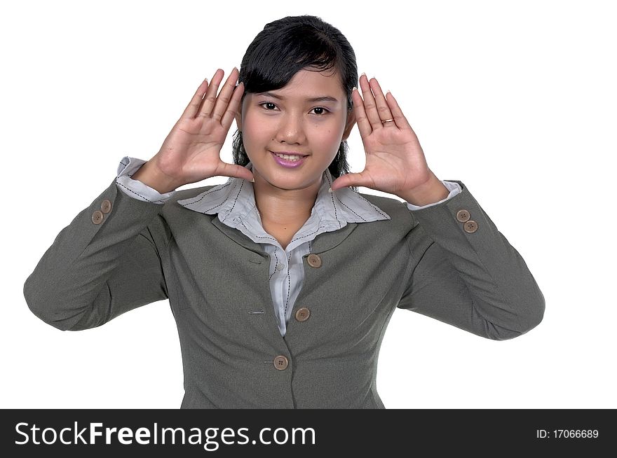 Asian business woman framing her face isolated over white background. Asian business woman framing her face isolated over white background