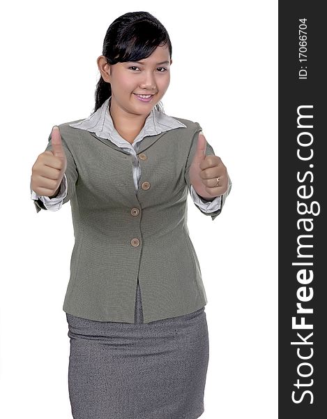 Asian business woman give two thumbs up isolated over white background. Asian business woman give two thumbs up isolated over white background