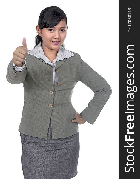 Asian business woman give thumbs up isolated over white background