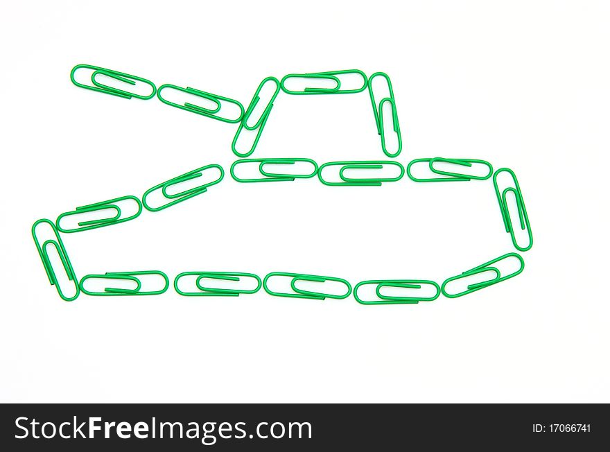 The tank from paper clips. On a white background
