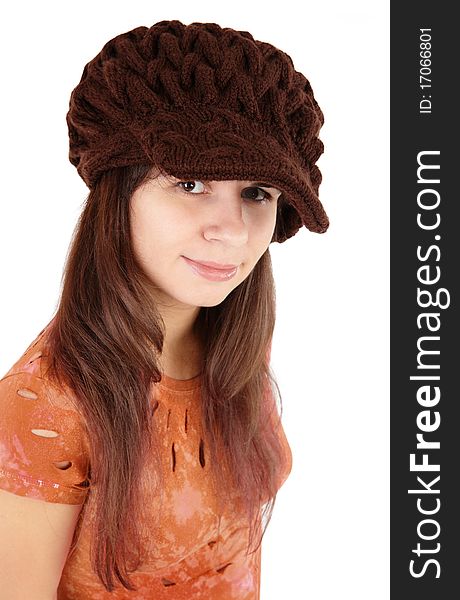 Portrait of the beautiful girl in a brown cap. Portrait of the beautiful girl in a brown cap